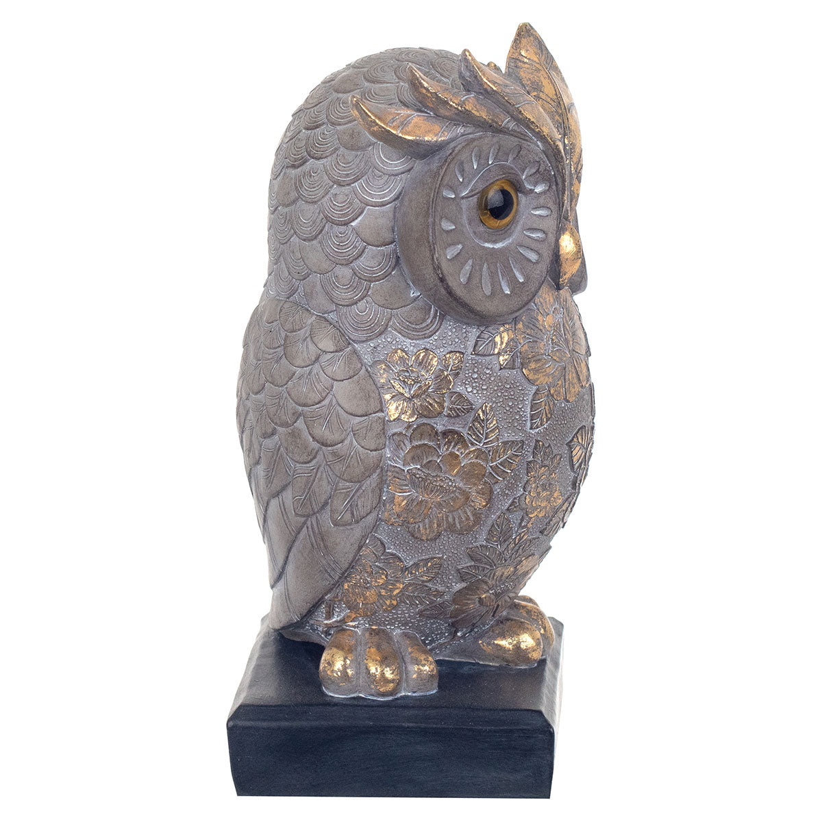 Búho Gris/Dorado Pedestal Pequeño