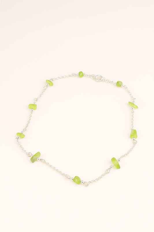 Tobillera Cadena Plata Mineral Verde Oscuro