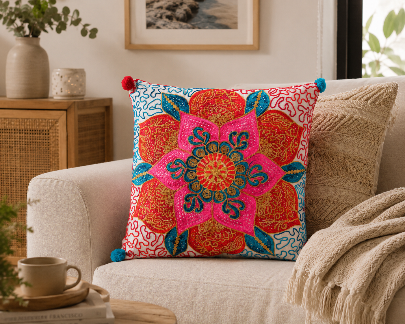 Cojin Mandala Azul/Rojo
