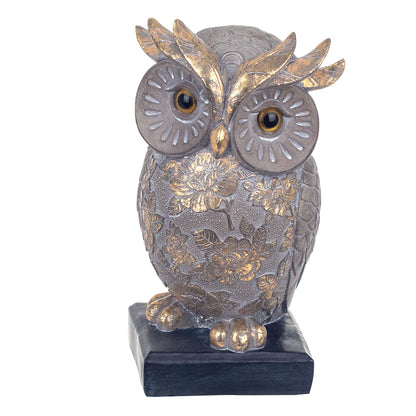 Búho Gris/Dorado Pedestal Pequeño