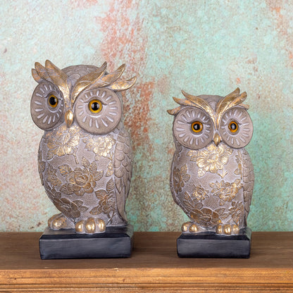 Búho Gris/Dorado Pedestal Pequeño