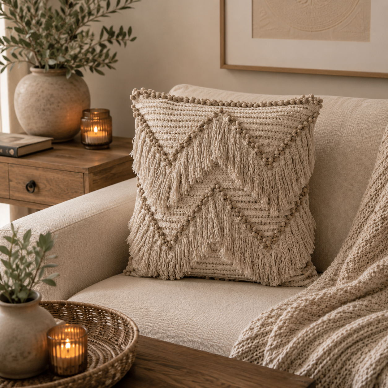 Cojín Algodón Beige Triángulos