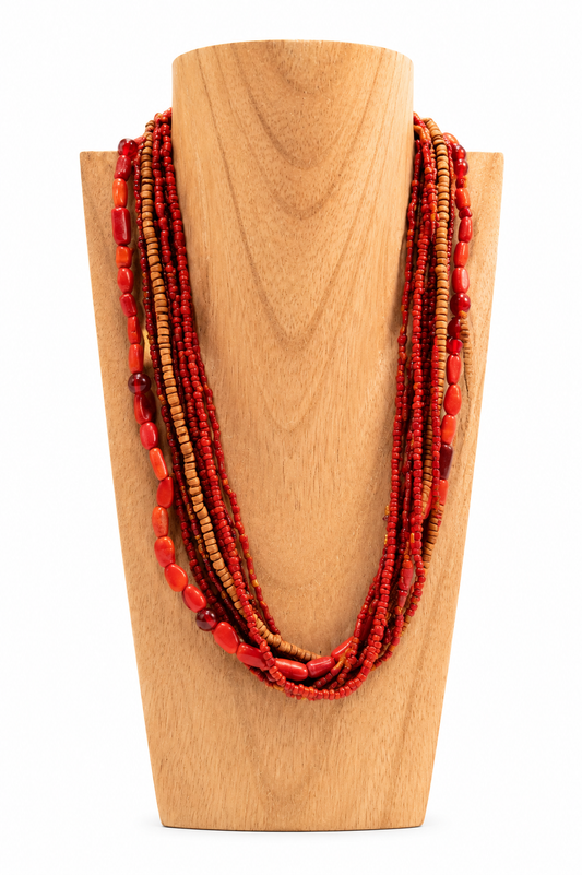 Collar Rojo Bolitas Madera
